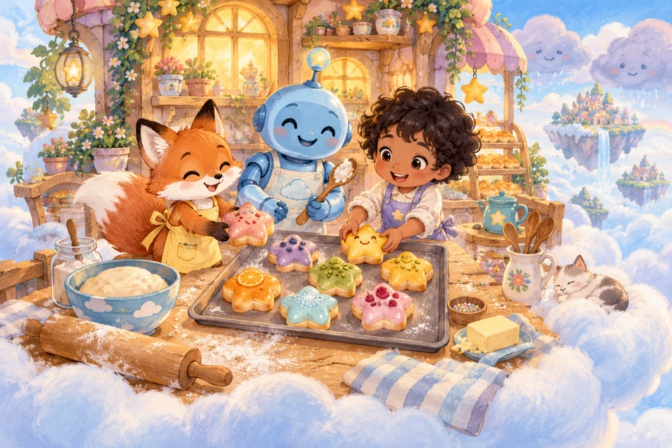 A fox baker, a little robot and a child make colorful star buns in a cloud bakery.