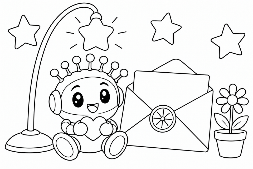 A clean black-outline coloring illustration of Lumi with seven antenna lamps and a welcome envelope